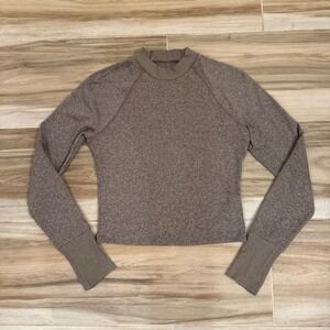Athleta Momentum Mock Neck Long Sleeve Top Brown Heather Thumbholes Small